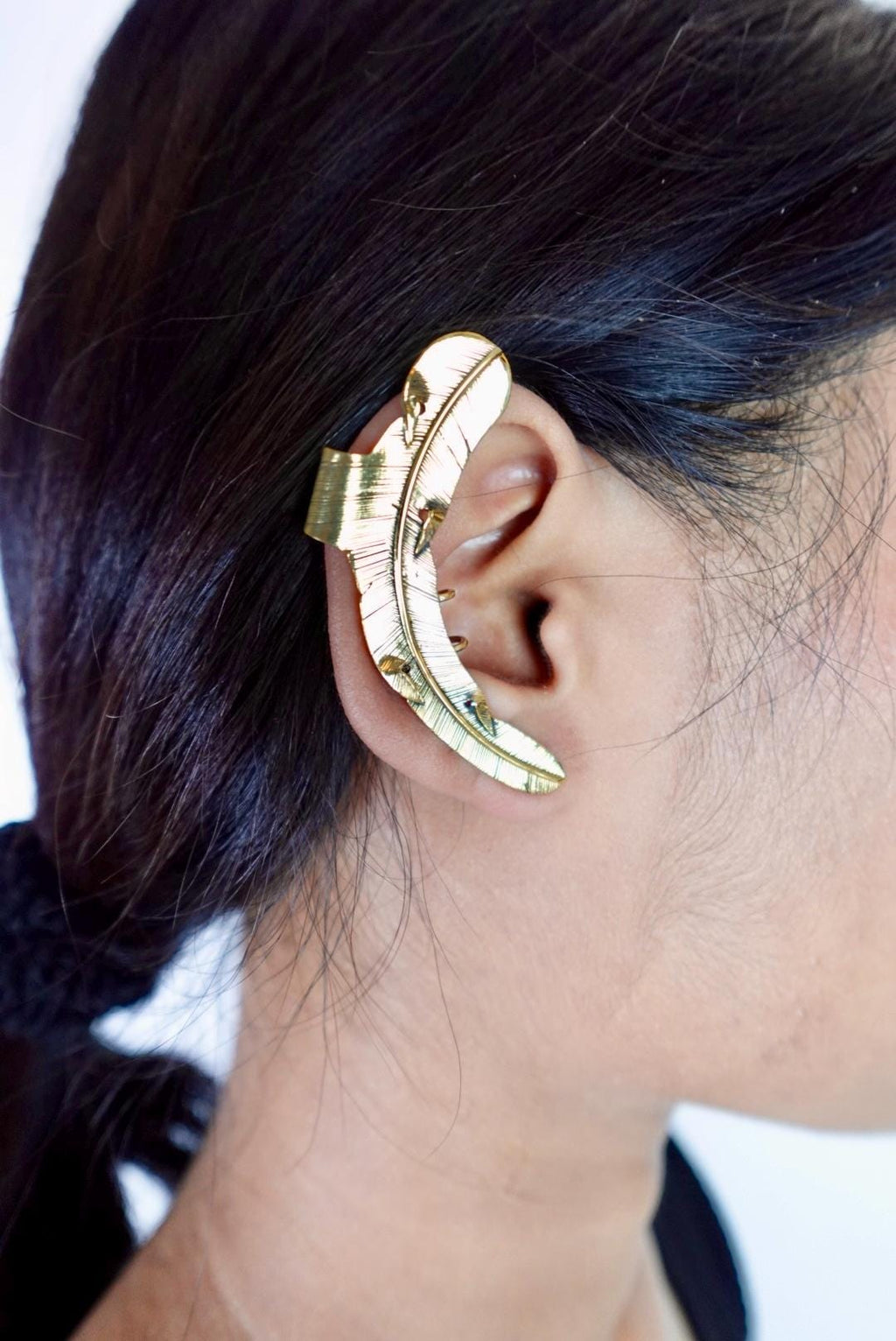 Feather Ear Cuffs – Brass Statement Ear Climbers with Nature-Inspired Detail.