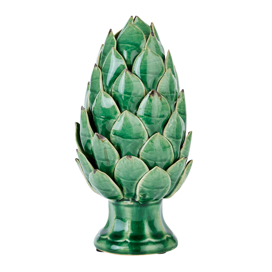 Handcrafted ceramic artichoke ornament in Mediterranean green with distressed detailing and lifelike sculpted leaves. by Sostter at brixbailey.com