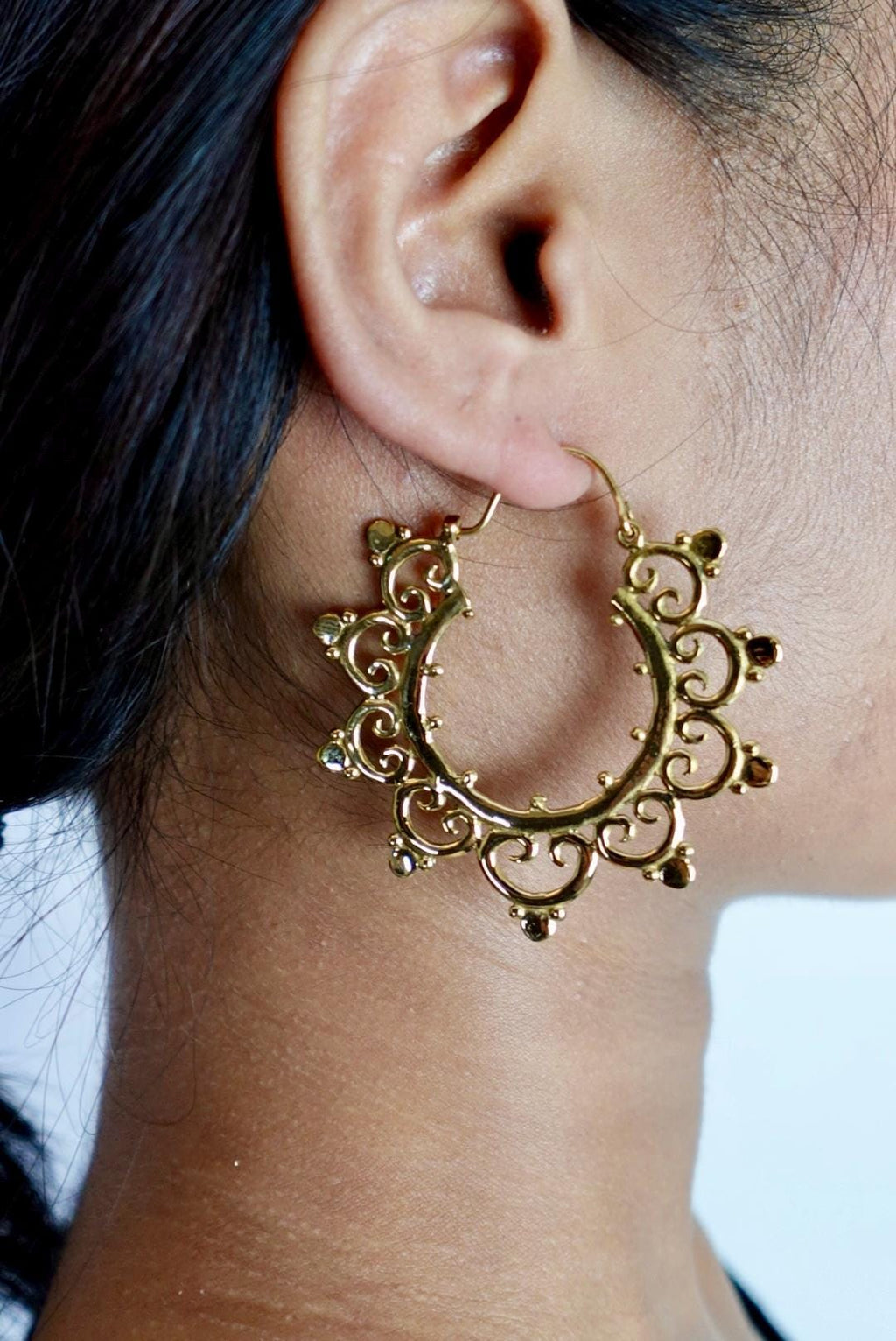 Sunburst Scroll Hoops - Mandala Brass Earrings with Ethnic Scallop Detailing.