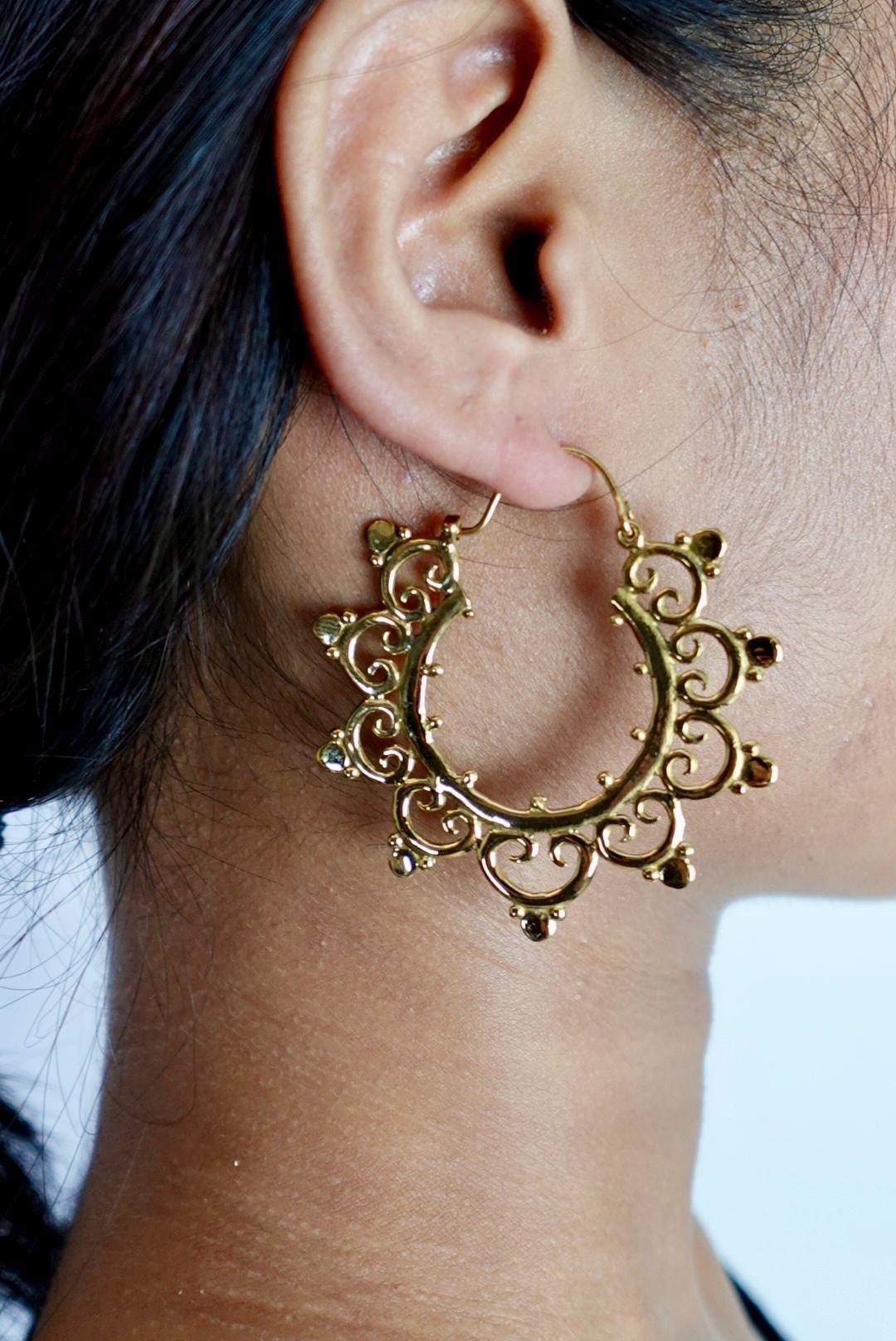 Sunburst Scroll Hoops - Mandala Brass Earrings with Ethnic Scallop Detailing.