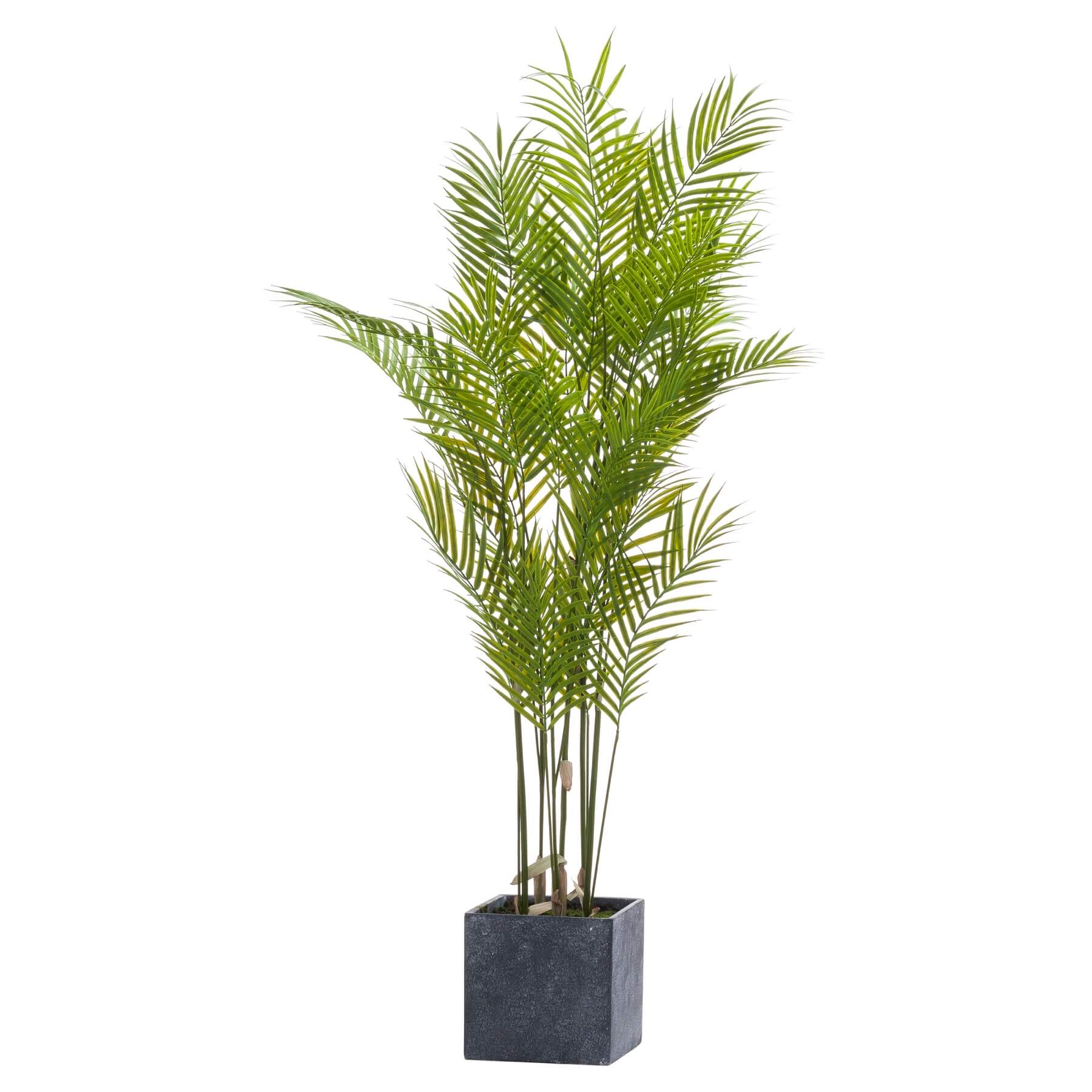 Lifelike faux palm tree in vibrant green with grey square container, 130cm tall, zero-maintenance artificial plant by Sostter at brixbailey.com
