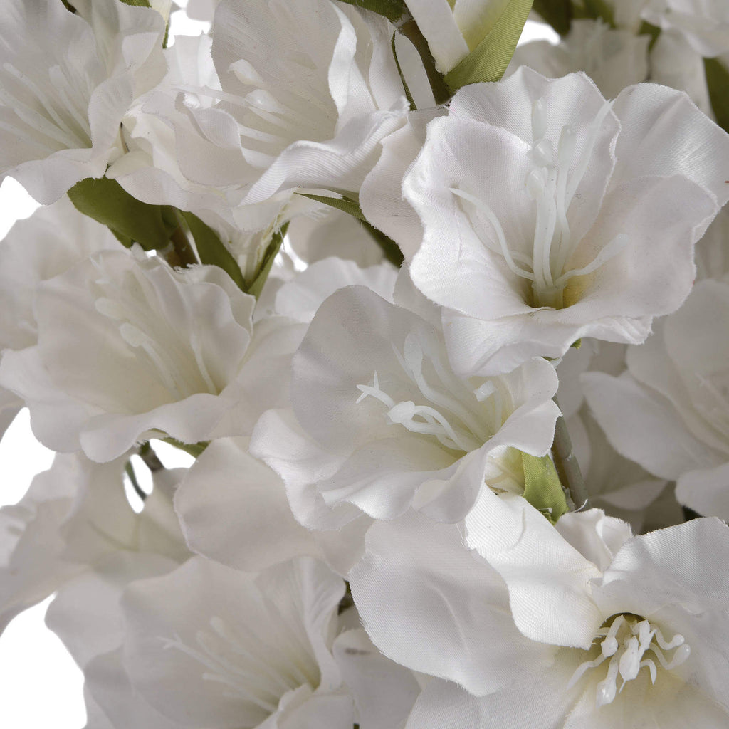 White faux gladioli bouquet with lifelike florets and foliage, 108cm tall, premium plastic stems for year-round decor by RoomLondon at brixbailey.com