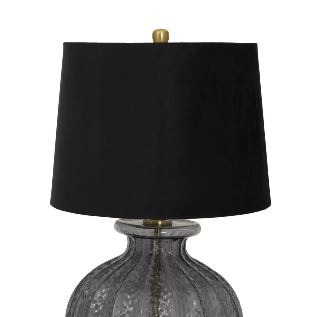 Luxton table lamp with black velvet shade and hand-carved fluted glass base in sophisticated black and transparent design by Sostter at brixbailey.com