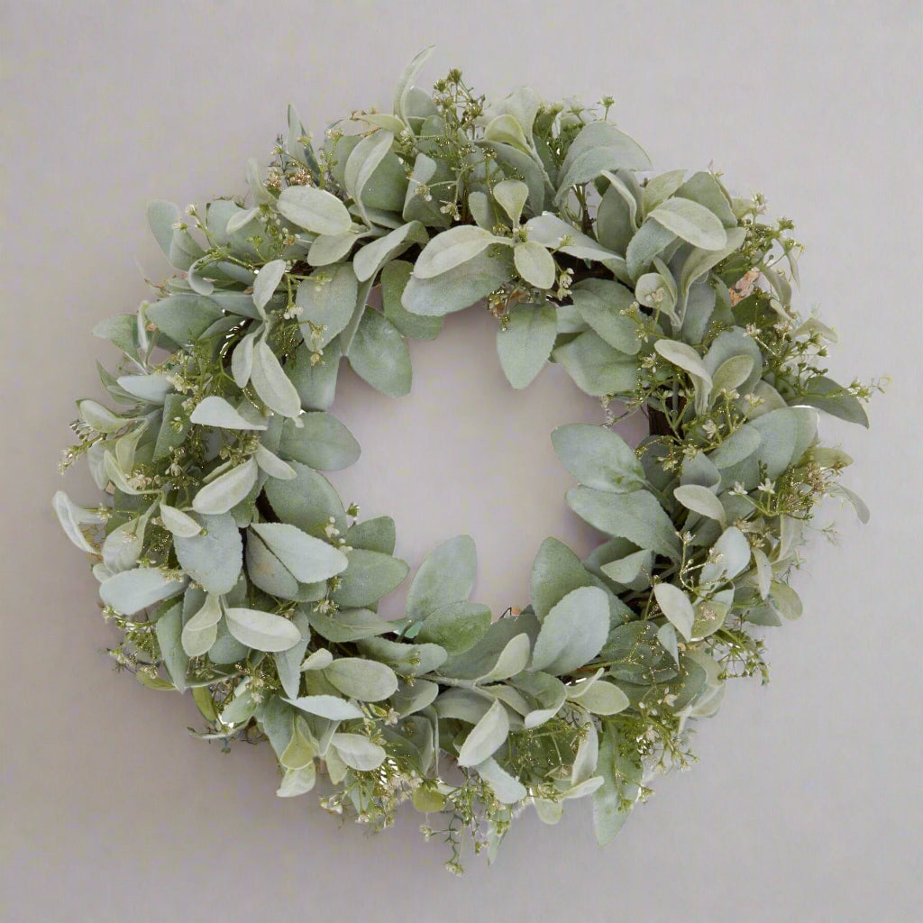 Handcrafted winter wreath with lamb's ear foliage and wax flowers in crisp white and green, 45cm diameter. by Sostter at brixbailey.com