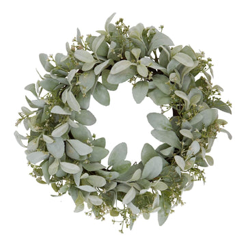 Handcrafted winter wreath with lamb's ear foliage and wax flowers in crisp white and green, 45cm diameter. by Sostter at brixbailey.com