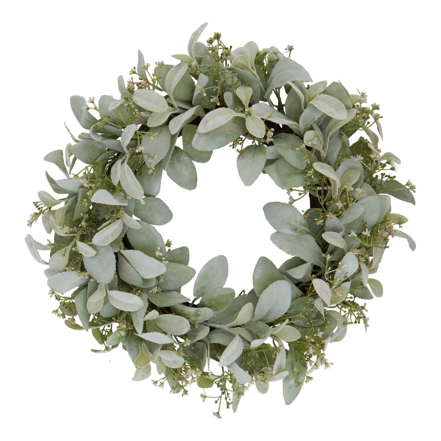 Handcrafted winter wreath with lamb's ear foliage and wax flowers in crisp white and green, 45cm diameter. by Sostter at brixbailey.com