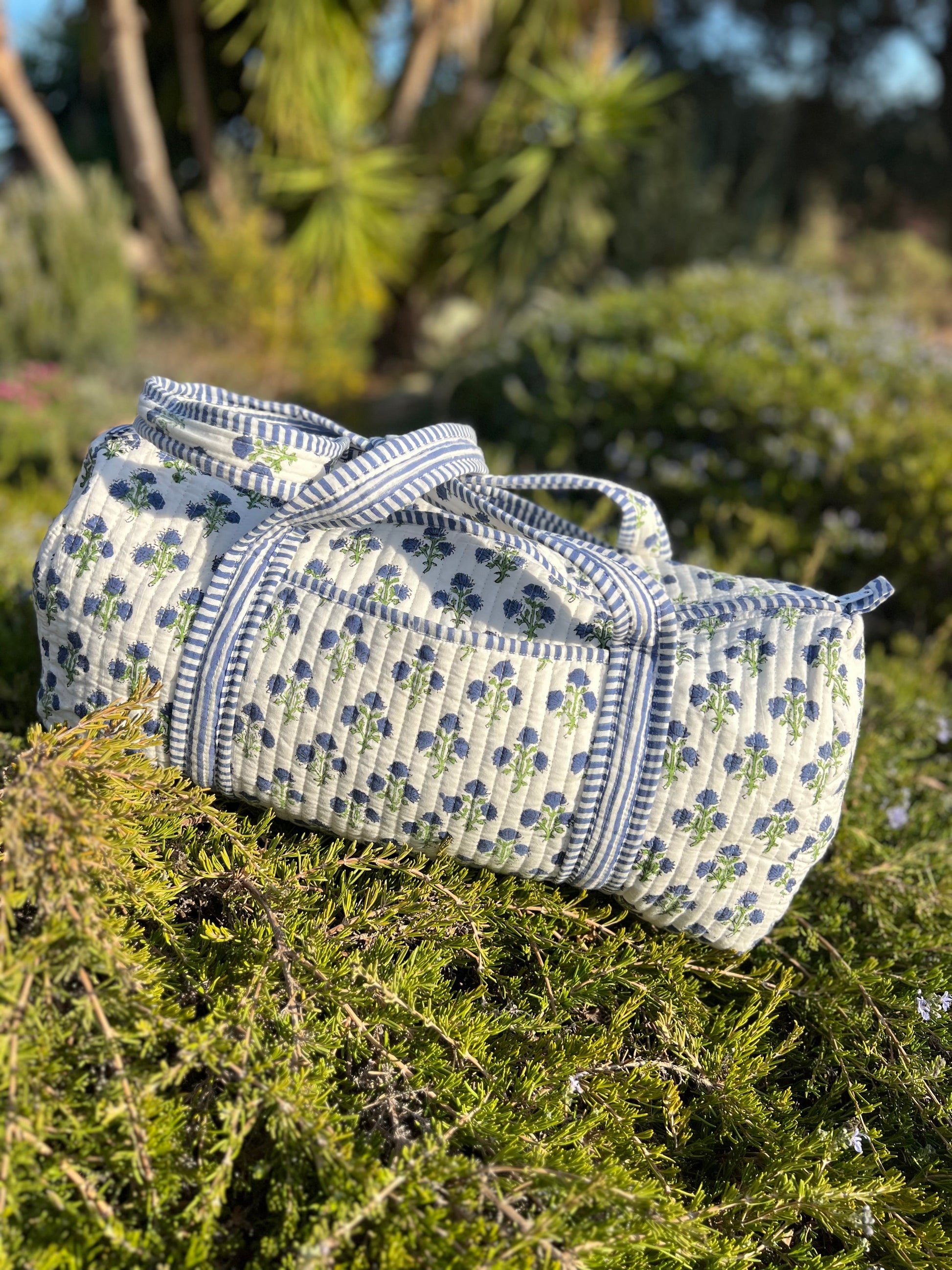 Blue Flower Weekend Bag in Hand Blocked Cotton