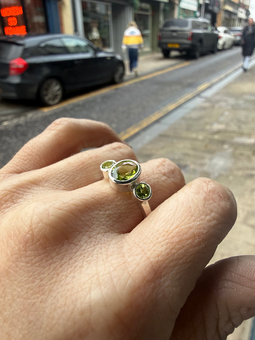 Silver Peridot Trilogy Empire Ring