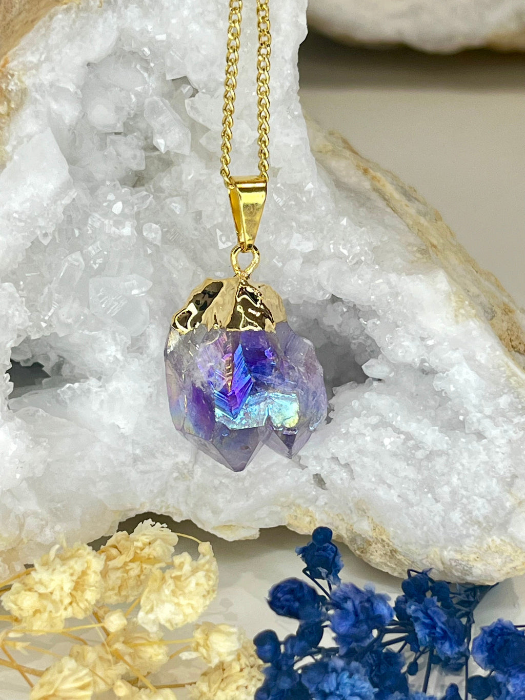 Gold Plated Aura Amethyst Point Necklace