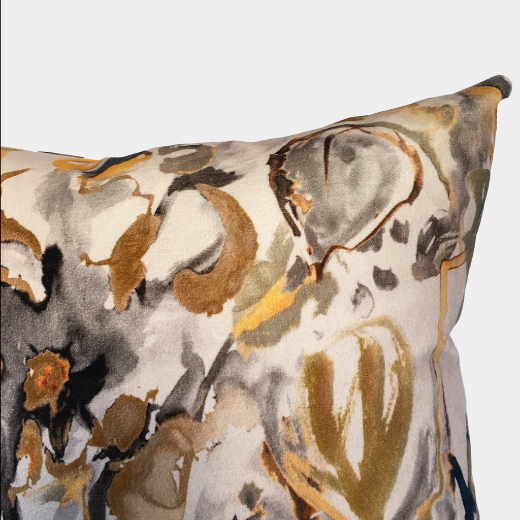 Watercolour Floral Velvet Cushion - Flax