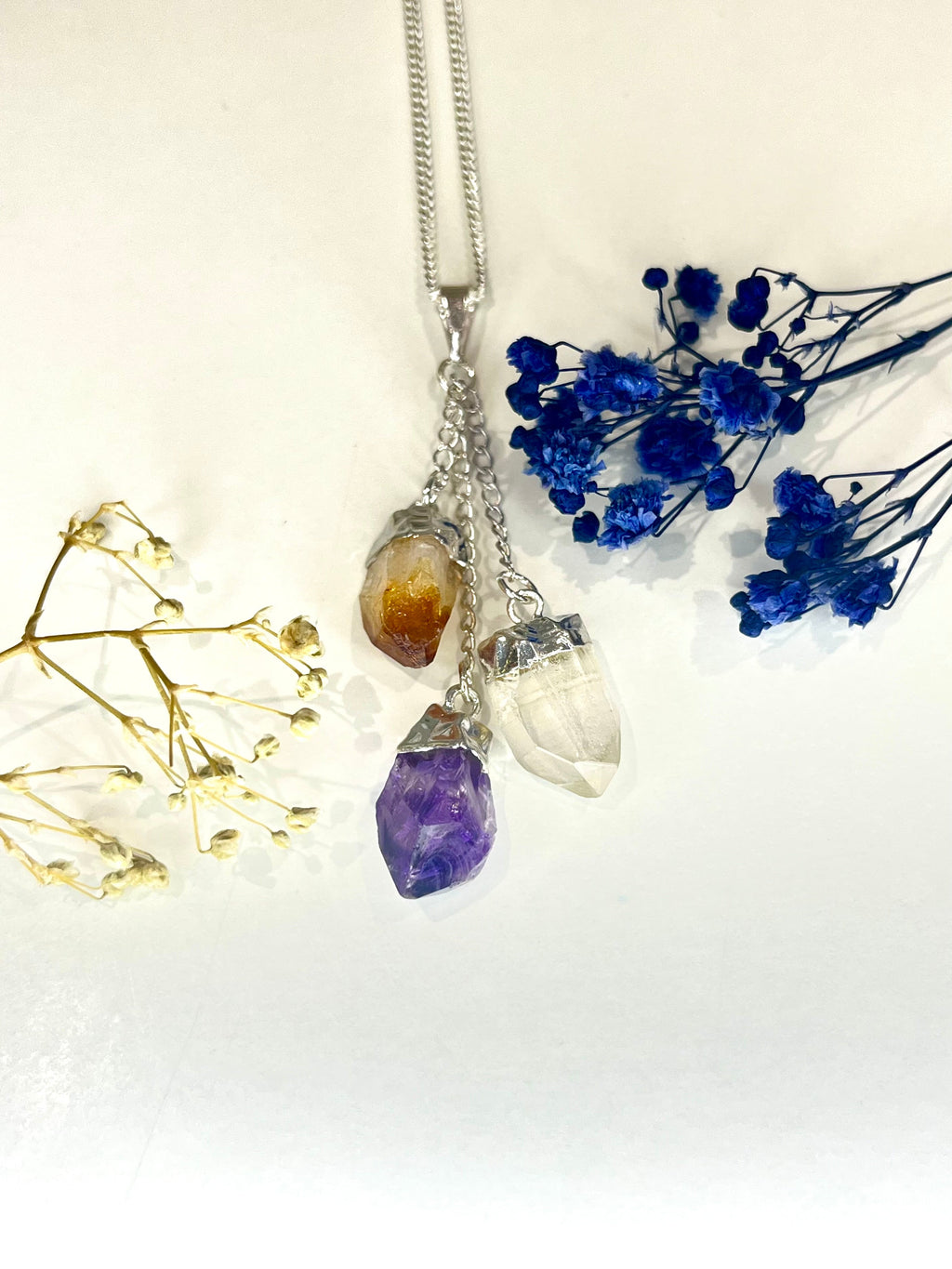 Triple Crystal Pendant Necklace with Amethyst Citrine and Quartz on Silver Chain