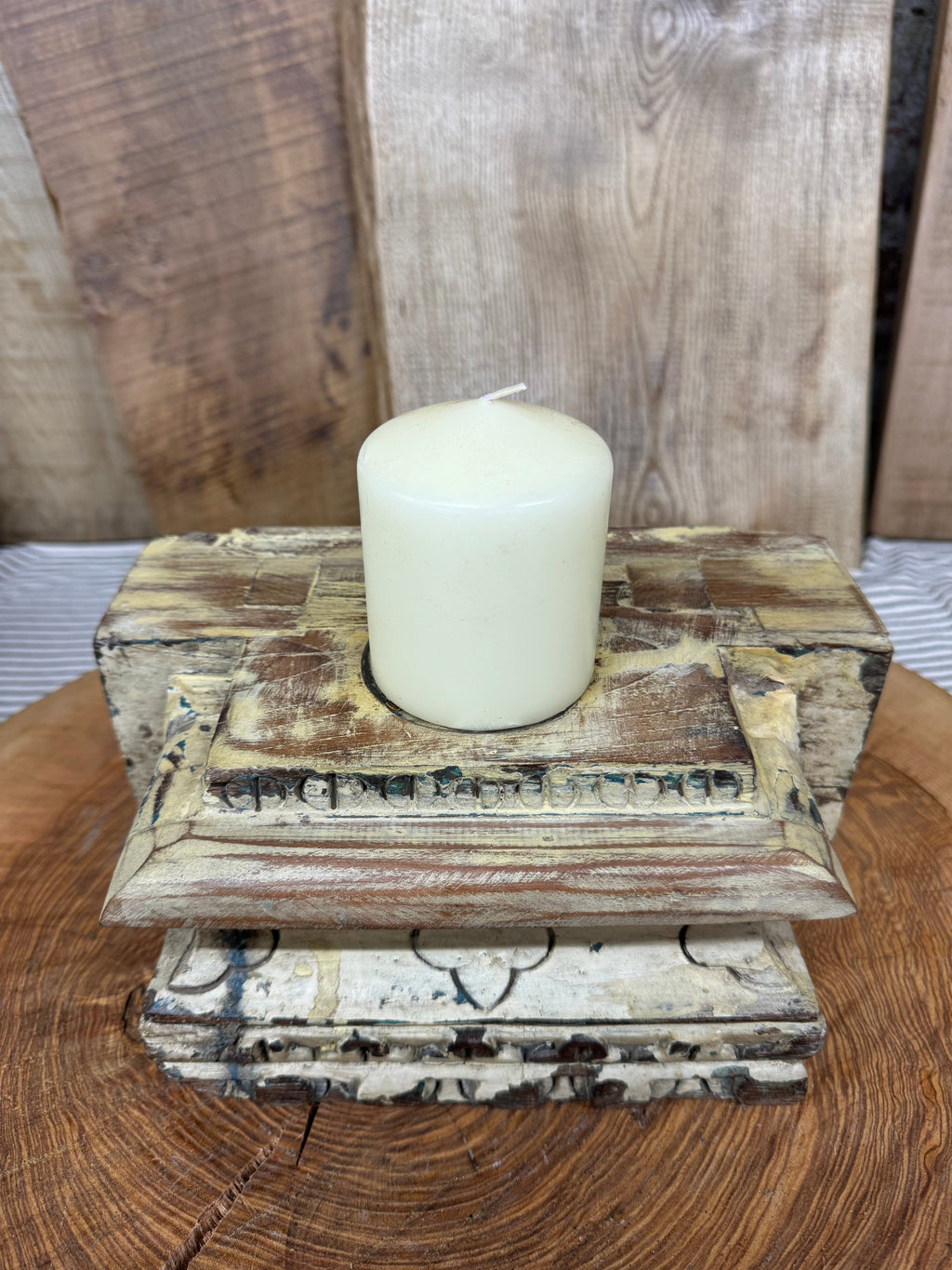 Rustic Church Candle Holder / Indian Pillar Base / Farmhouse Decor Cream