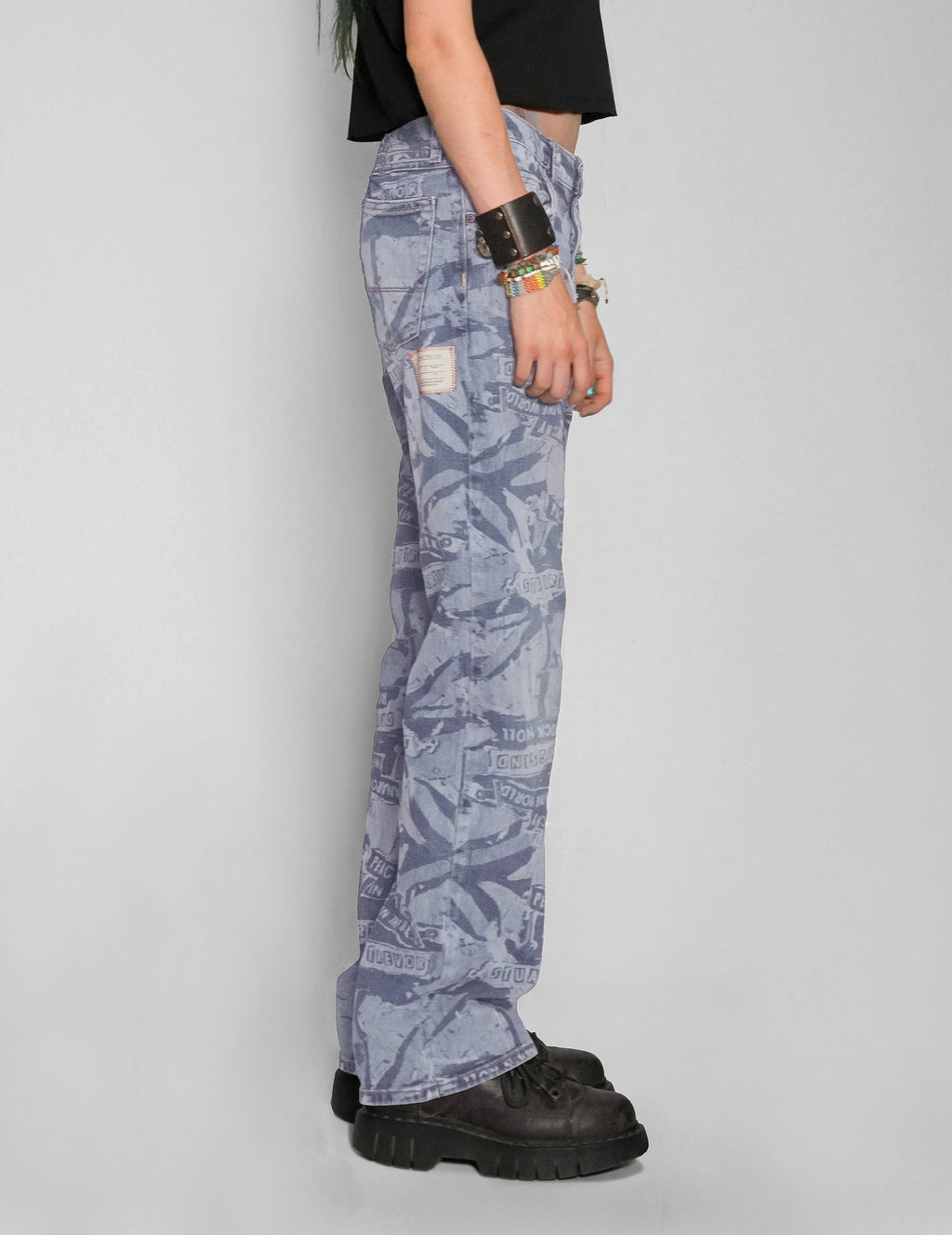 'Peace' Laser Print Jeans in Light Blue