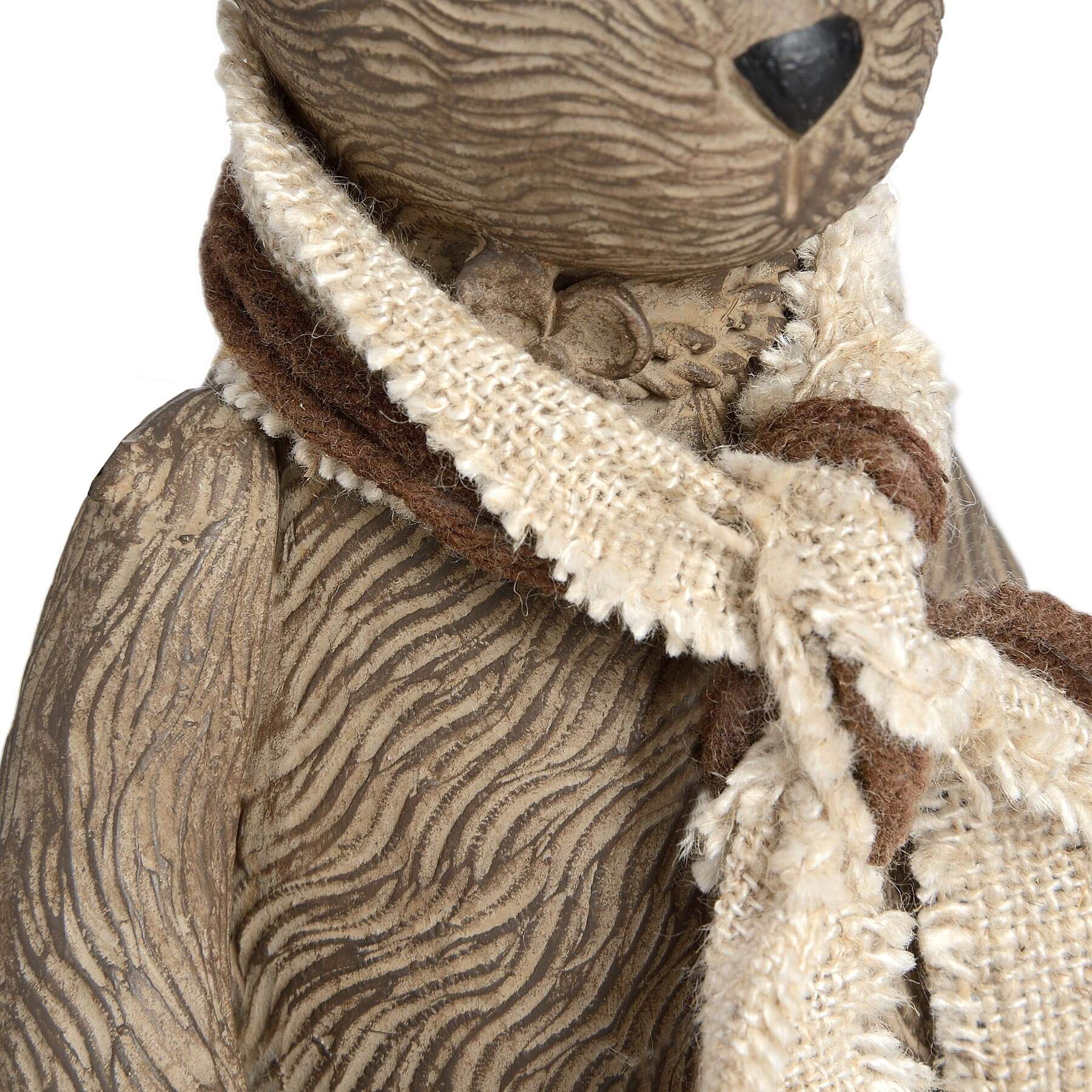 Handcrafted winter bunny figurine with fabric scarf, warm brown resin decor for shelves or mantels by Sostter at brixbailey.com