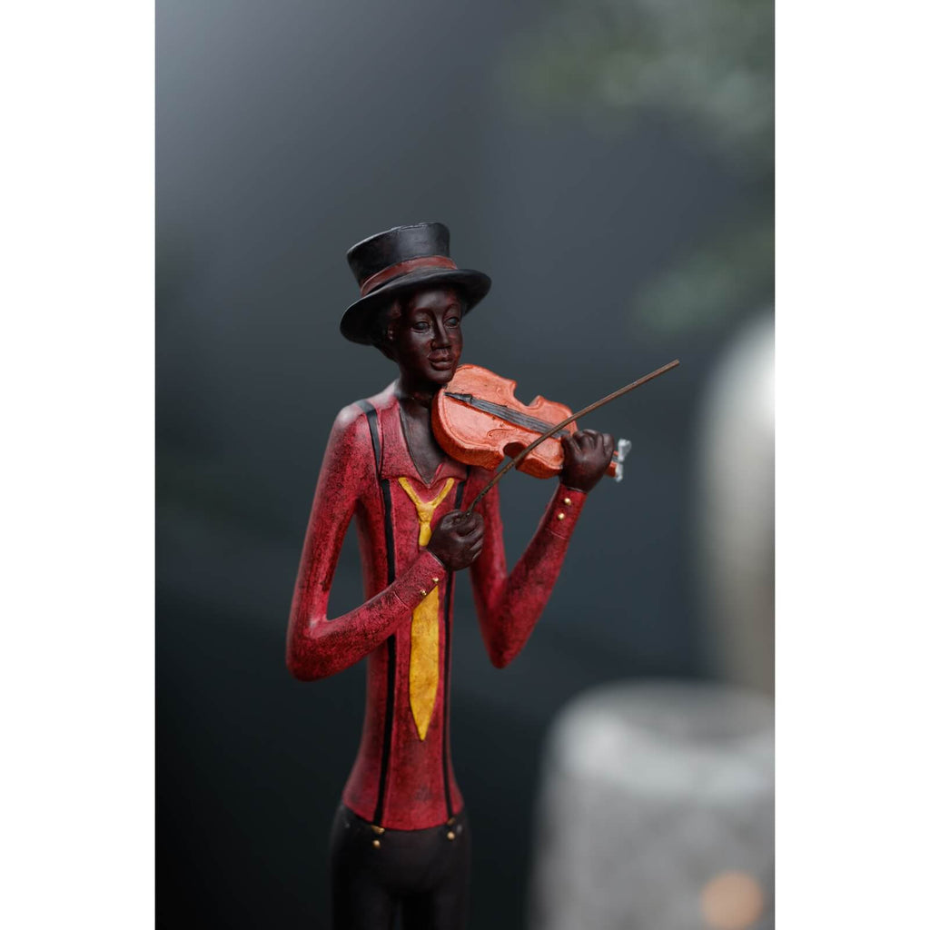 Handcrafted wooden violinist sculpture in red jacket, playing violin, 60cm tall, art deco jazz music decor by Sostter at brixbailey.com