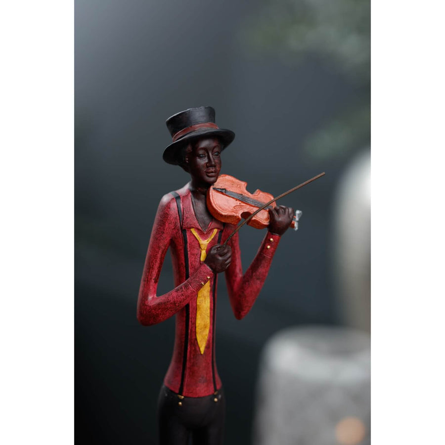 Handcrafted wooden violinist sculpture in red jacket, playing violin, 60cm tall, art deco jazz music decor by Sostter at brixbailey.com