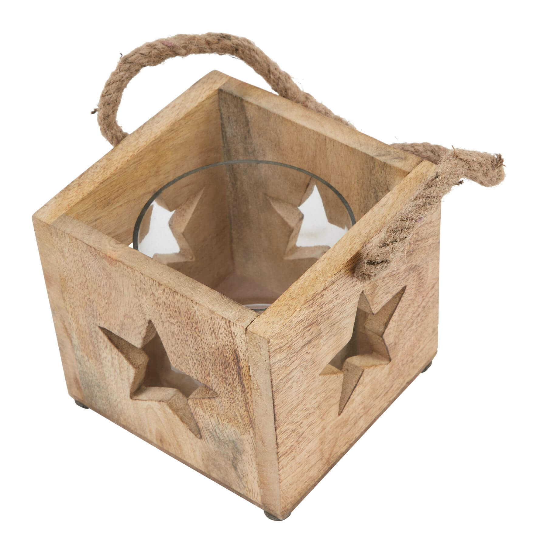 Handcrafted natural wooden star tealight holder with glass insert, casting warm glow in rich brown tones. by Sostter at brixbailey.com
