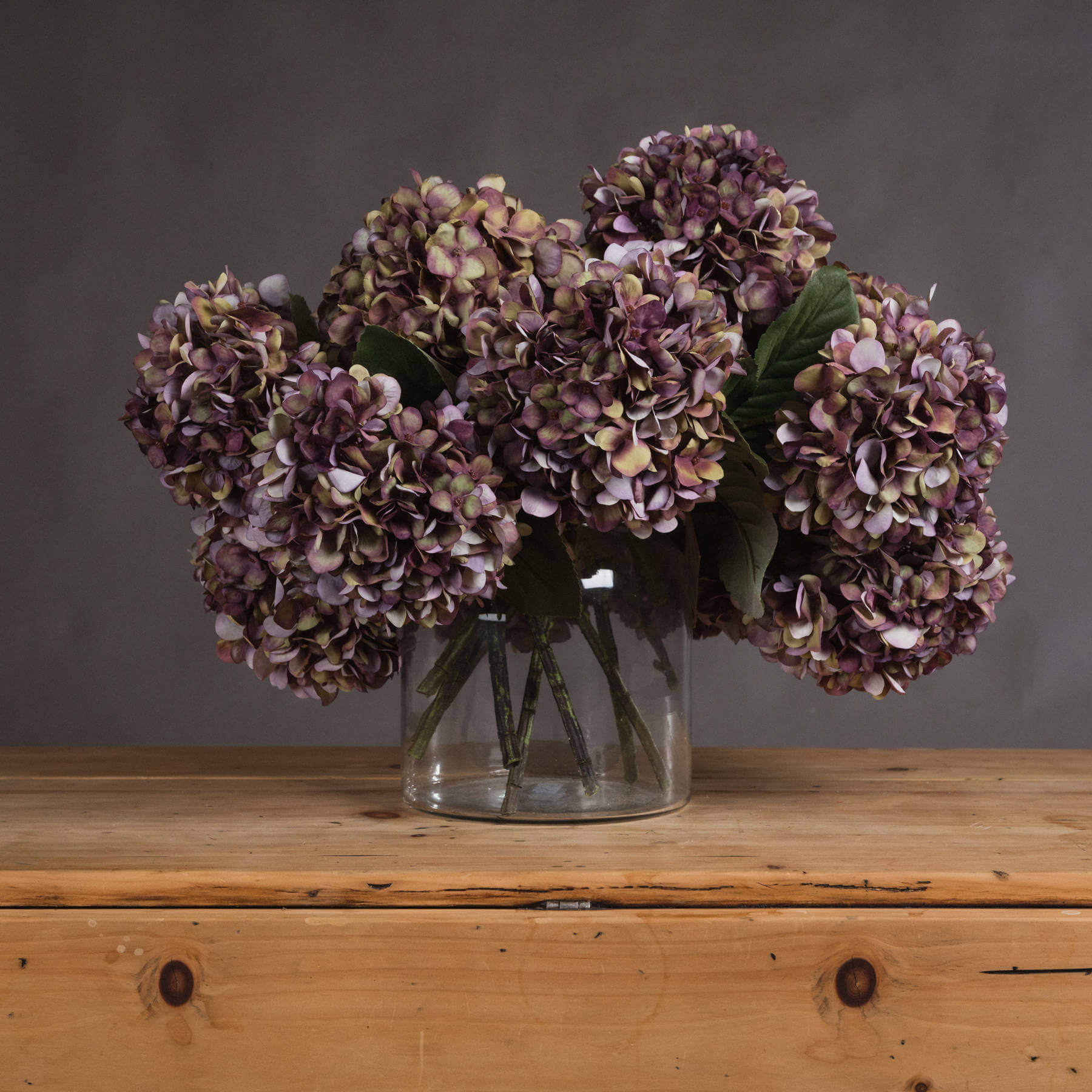 Luxury artificial hydrangea stem with vibrant purple, burgundy, and green hand-painted blooms, 42cm tall by Sostter at brixbailey.com