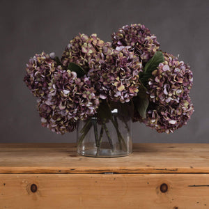 Luxury artificial hydrangea stem with vibrant purple, burgundy, and green hand-painted blooms, 42cm tall by sostter at brixbailey.com