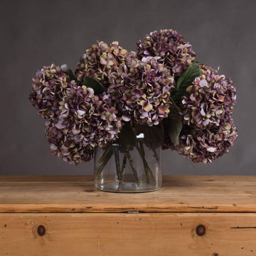 Luxury artificial hydrangea stem with vibrant purple, burgundy, and green hand-painted blooms, 42cm tall by Sostter at brixbailey.com