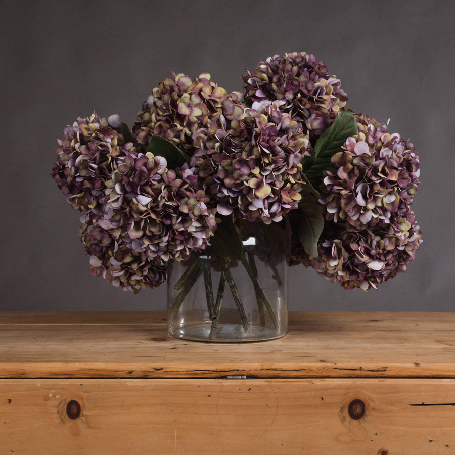 Luxury artificial hydrangea stem with vibrant purple, burgundy, and green hand-painted blooms, 42cm tall by Sostter at brixbailey.com
