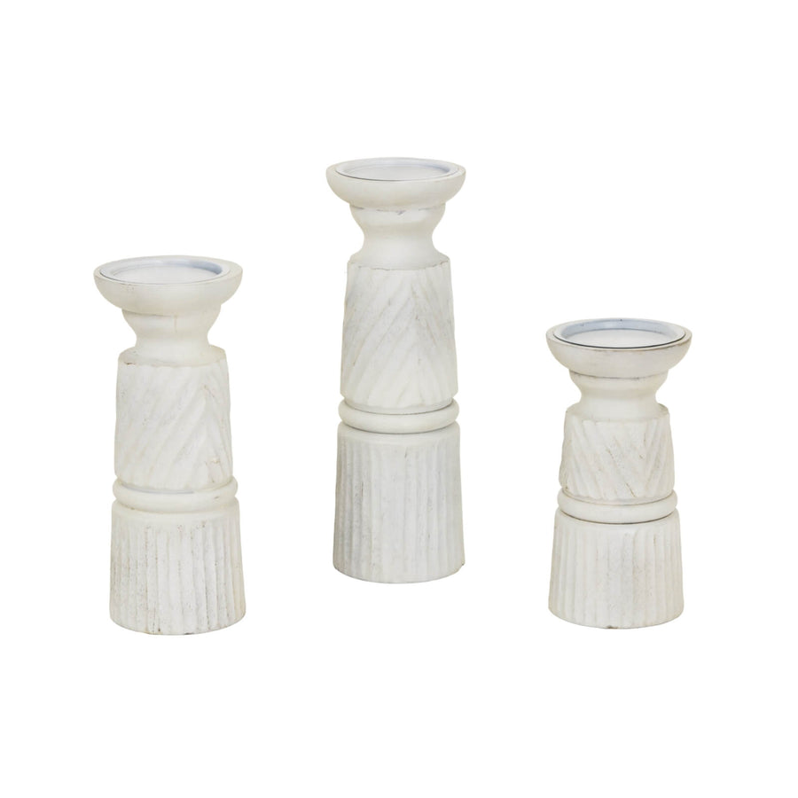 Hand-carved white wooden candle holder with geometric patterns, perfect for elegant home decor centerpiece. by Sostter at brixbailey.com