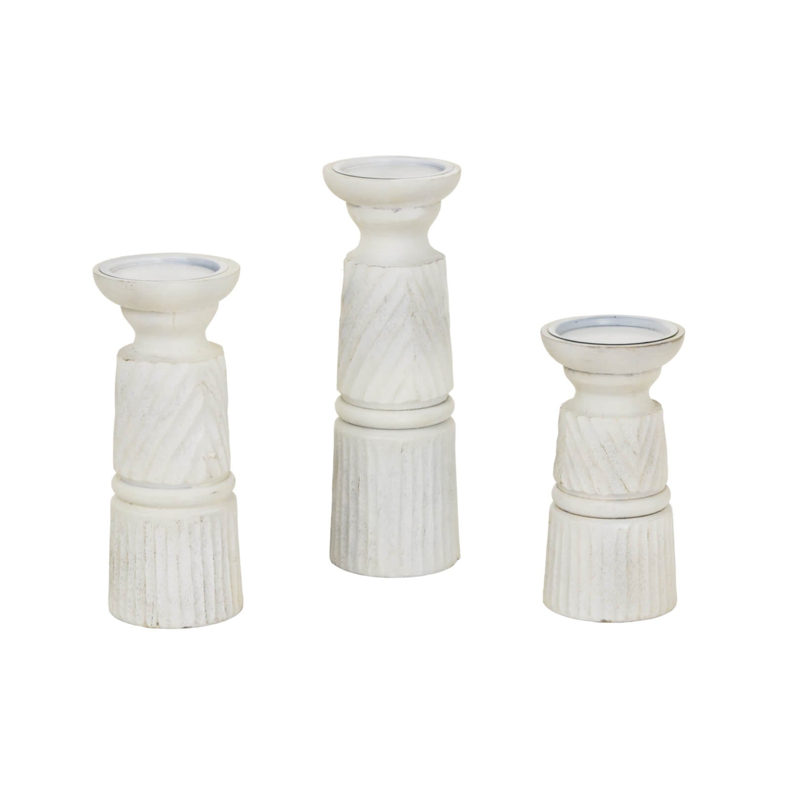 Hand-carved white wooden candle holder with geometric patterns, 20cm tall, casting ambient light for modern or traditional decor. by RoomLondon at brixbailey.com