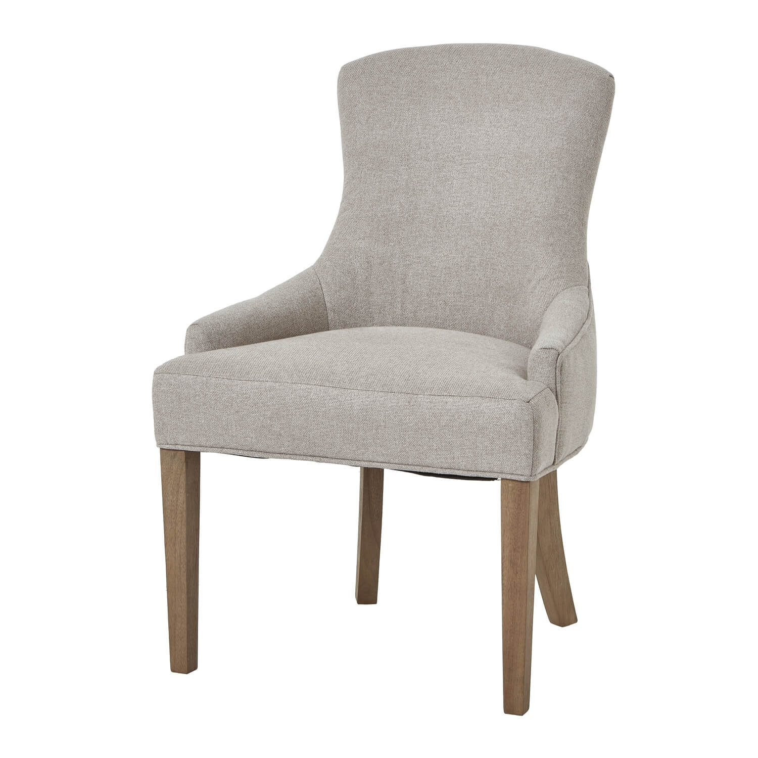Oatmeal twill dining chair with tufted detailing, curved back, and solid oak legs for elegant comfort. by Sostter at brixbailey.com