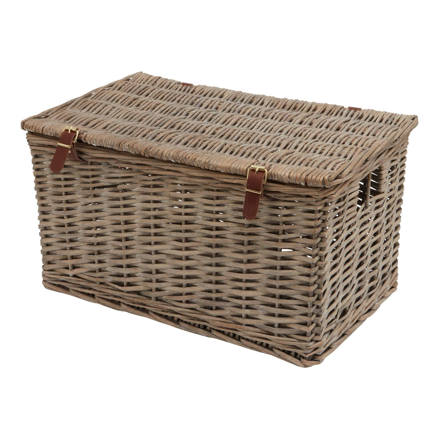 Handwoven rustic wicker hamper basket in earthy brown, featuring artisanal weaving for farmhouse or coastal decor. by Sostter at brixbailey.com