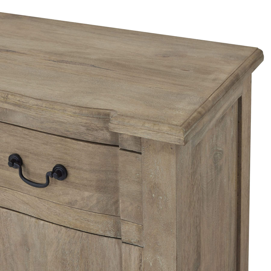 French-inspired bleached wood sideboard with black iron handles, modern storage for dining rooms by Sostter at brixbailey.com