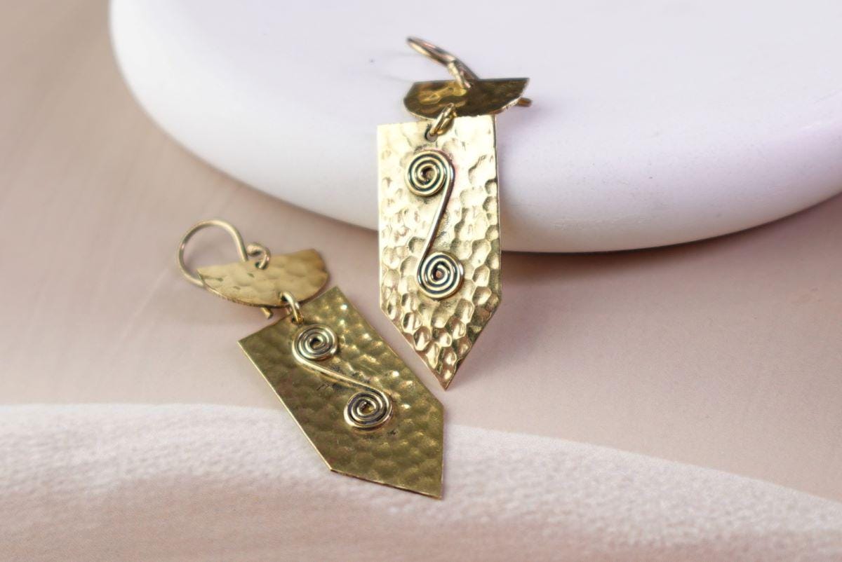 Gaia Hammered Shield Drops - Rustic Brass Earrings with Spiral Wire Detail.