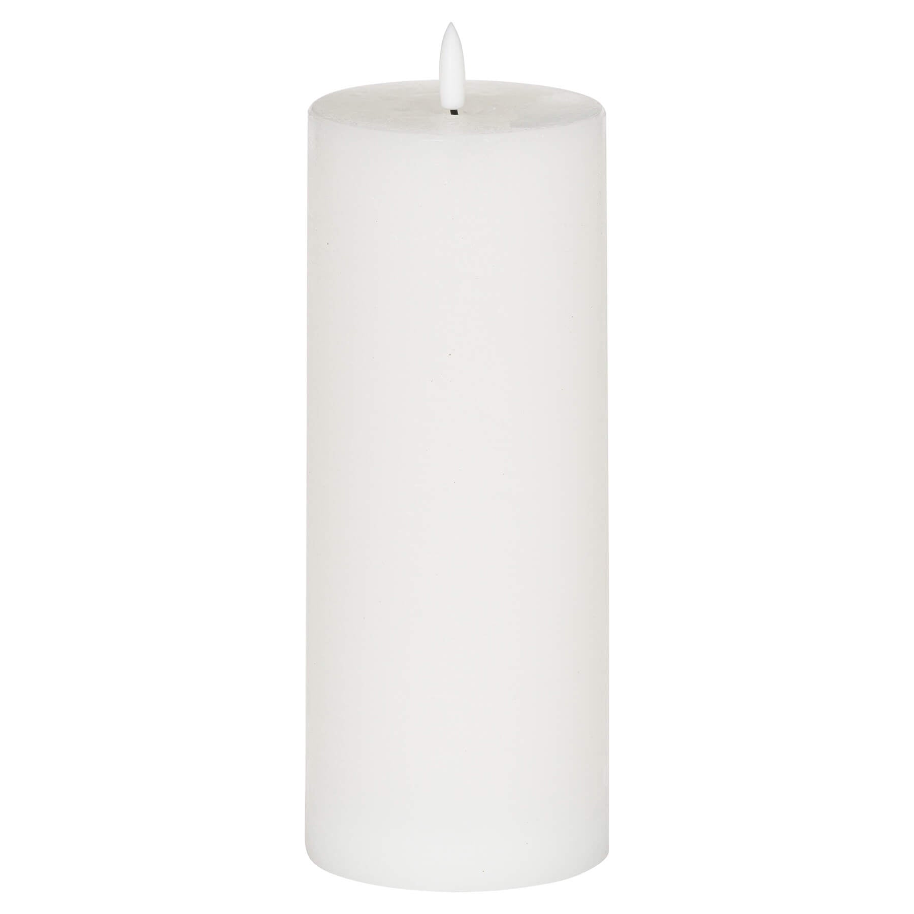 White LED pillar candle with realistic amber flickering flame, battery-operated for flameless ambiance by RoomLondon at brixbailey.com