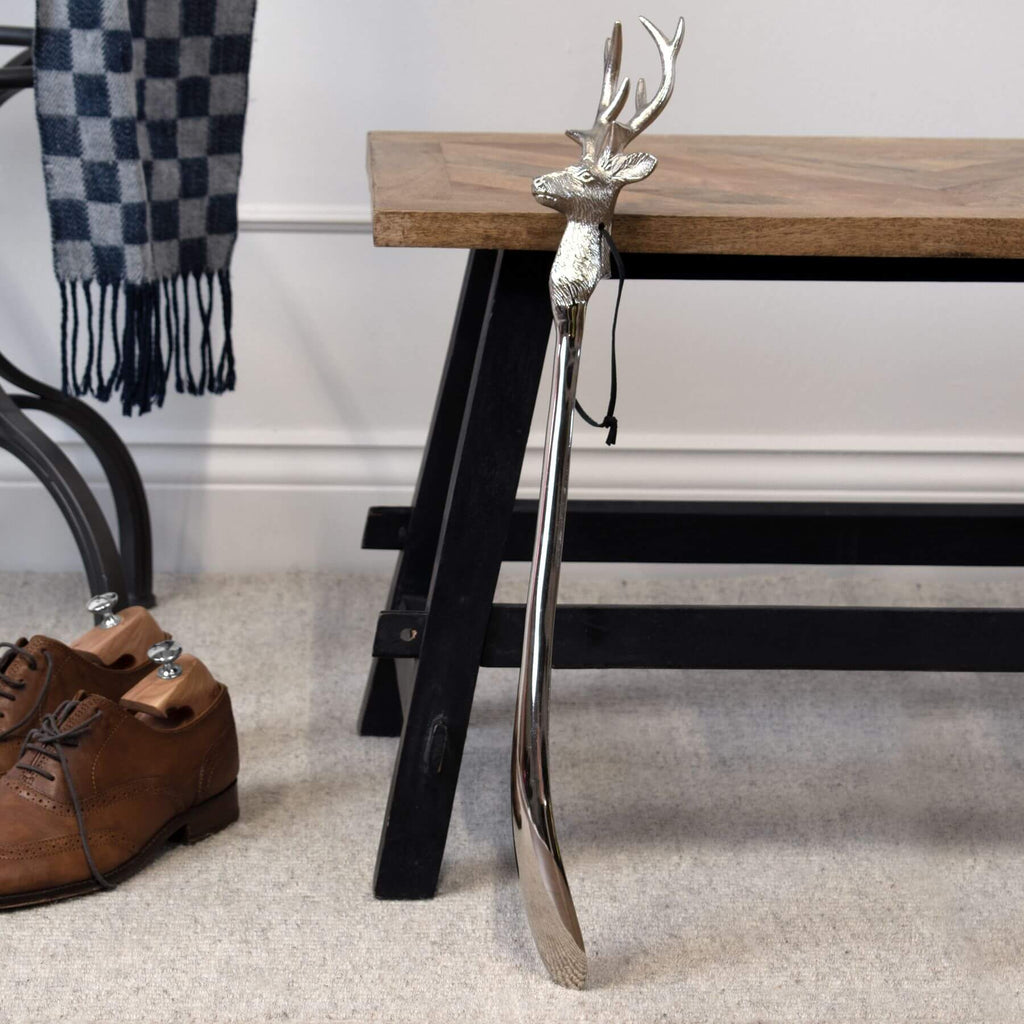 Silver nickel stag head shoe horn, 53cm metal entryway accessory with elegant animal motif design by RoomLondon at brixbailey.com