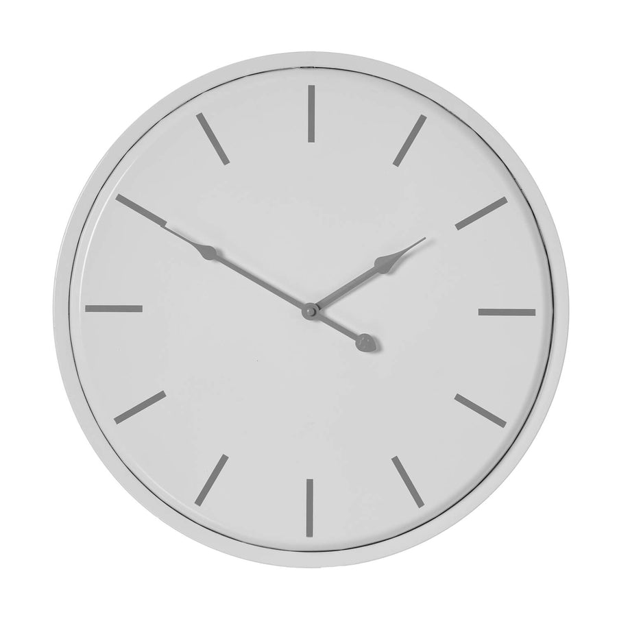 White metal wall clock with minimalist industrial design, 49cm diameter, contemporary home decor statement piece by Sostter at brixbailey.com