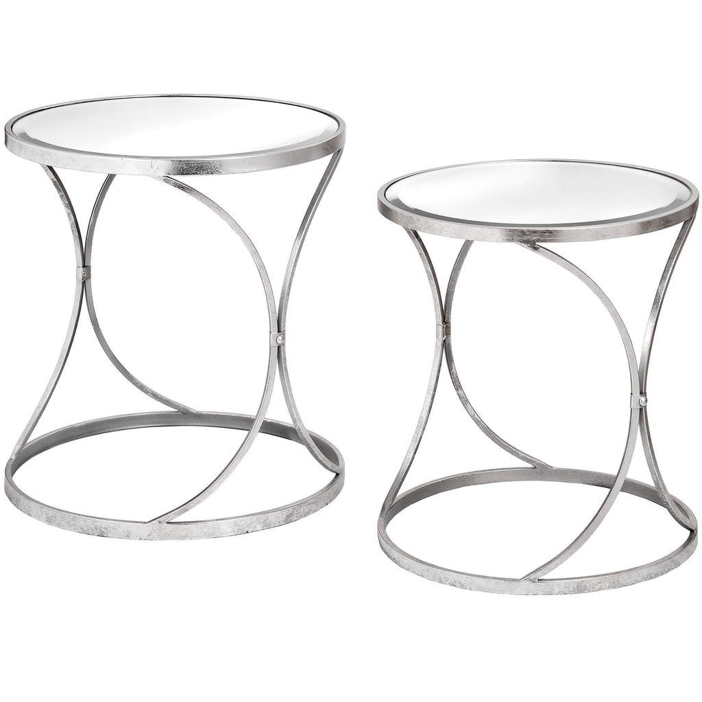 Silver mirrored curved side tables with metal frame, set of two for modern living room decor  

*(98 characters)*  
- **Keywords included:** silver, mirrored, curved side tables, metal frame, modern living room decor  
- **Clear description:** Describes shape, material, color, and quantity  
- **SEO & accessibility optimized:** Concise, avoids redundancy, focuses on visual details by Sostter at brixbailey.com