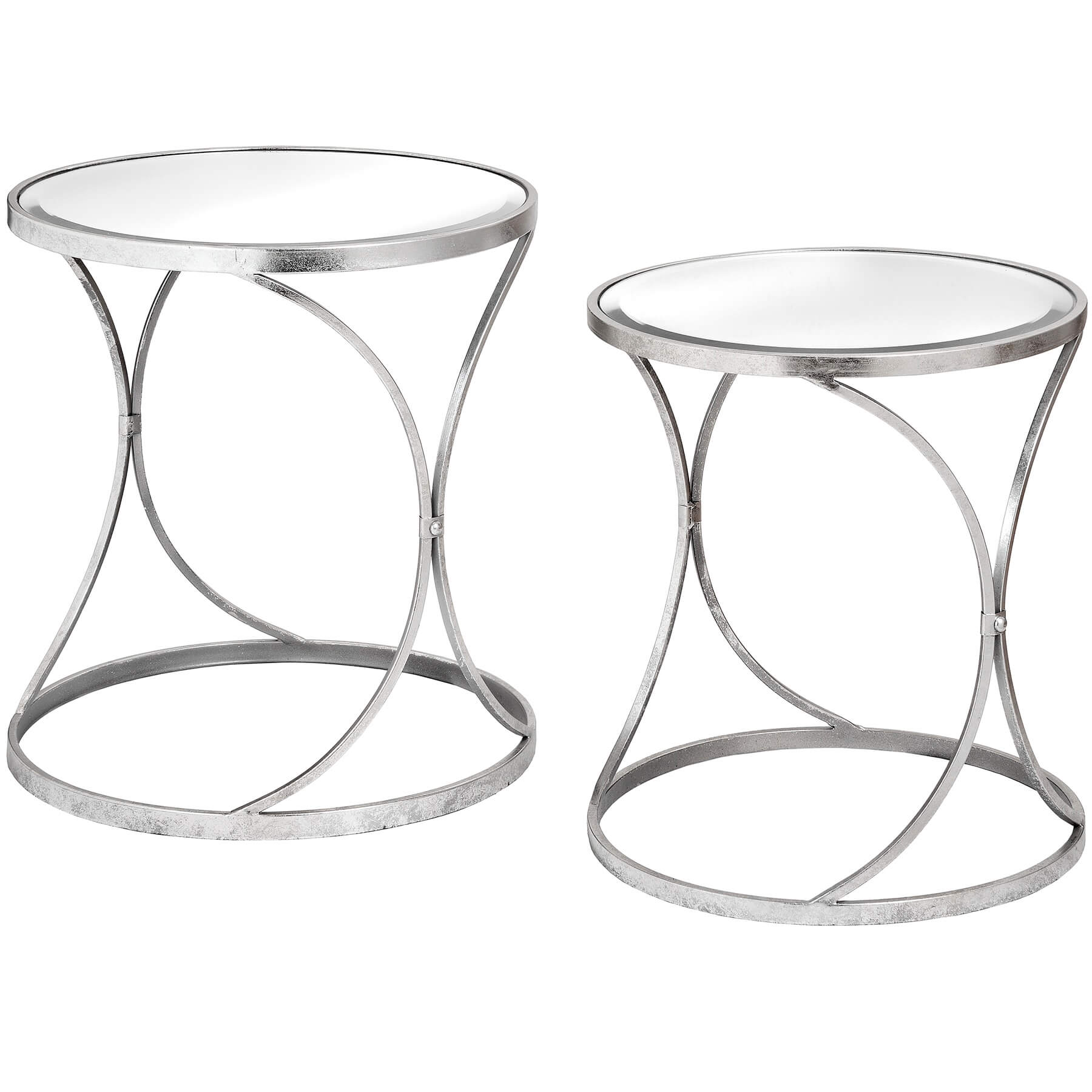 Silver mirrored curved side tables with metal frame, set of two for modern living room decor  

*(98 characters)*  
- **Keywords included:** silver, mirrored, curved side tables, metal frame, modern living room decor  
- **Clear description:** Describes shape, material, color, and quantity  
- **SEO & accessibility optimized:** Concise, avoids redundancy, focuses on visual details by Sostter at brixbailey.com