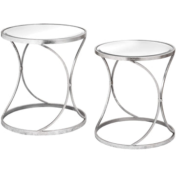 Silver mirrored curved side tables with metal frame, set of two for modern living room decor  

*(98 characters)*  
- **Keywords included:** silver, mirrored, curved side tables, metal frame, modern living room decor  
- **Clear description:** Describes shape, material, color, and quantity  
- **SEO & accessibility optimized:** Concise, avoids redundancy, focuses on visual details by Sostter at brixbailey.com