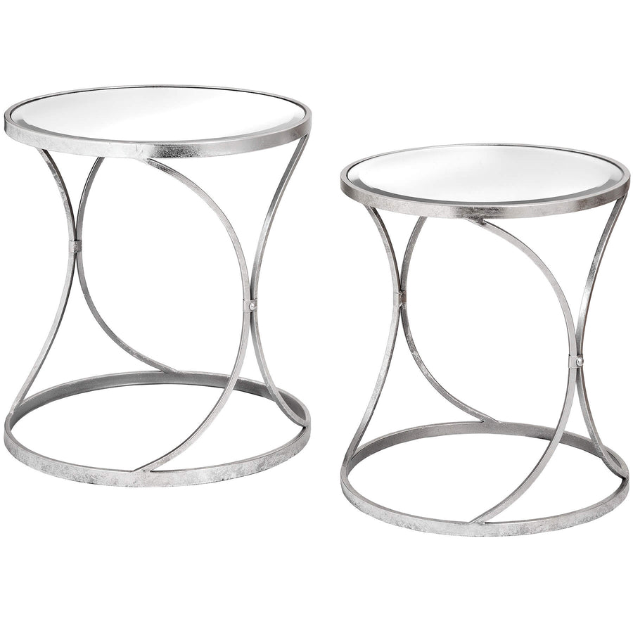 Silver mirrored curved side tables with metal frame, set of two for modern living room decor  

*(98 characters)*  
- **Keywords included:** silver, mirrored, curved side tables, metal frame, modern living room decor  
- **Clear description:** Describes shape, material, color, and quantity  
- **SEO & accessibility optimized:** Concise, avoids redundancy, focuses on visual details by Sostter at brixbailey.com