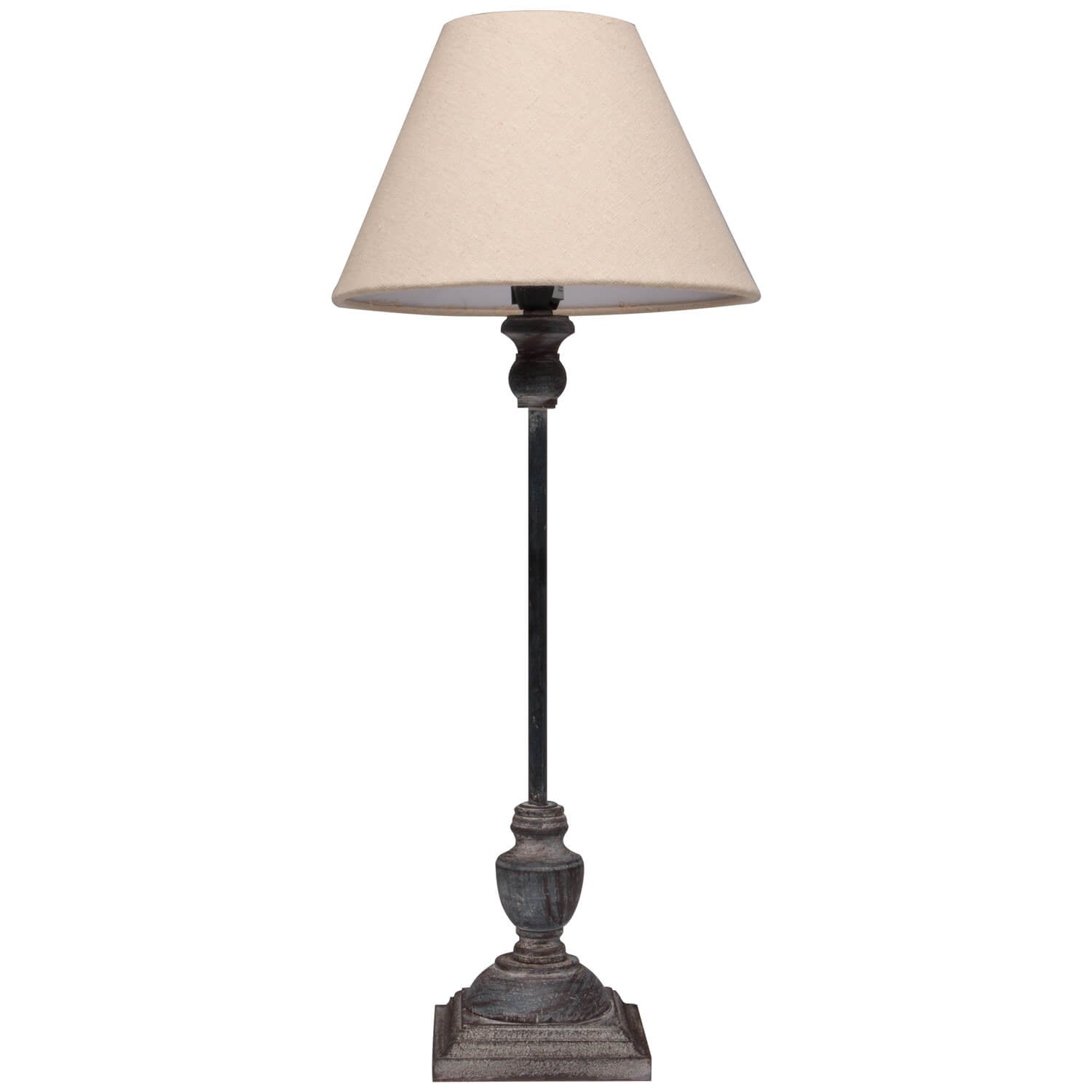 Handcrafted Incia table lamp with grey-washed wood base and natural linen shade for modern or rustic decor by Sostter at brixbailey.com