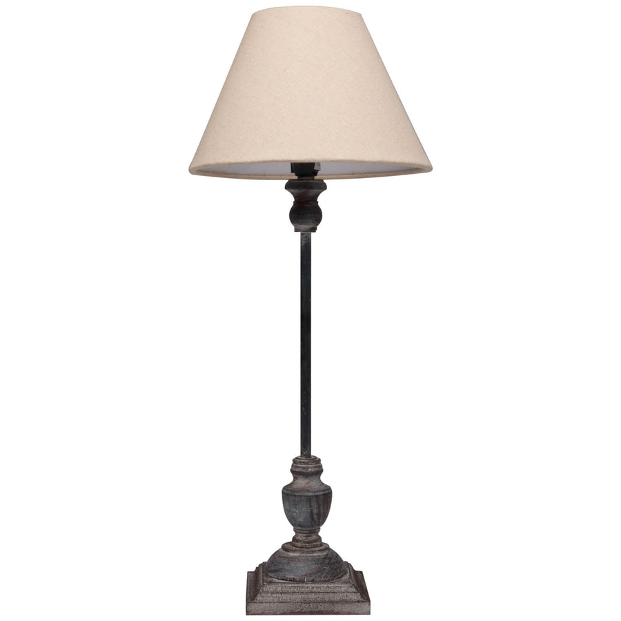 Handcrafted Incia table lamp with grey-washed wood base and natural linen shade for modern or rustic decor by Sostter at brixbailey.com