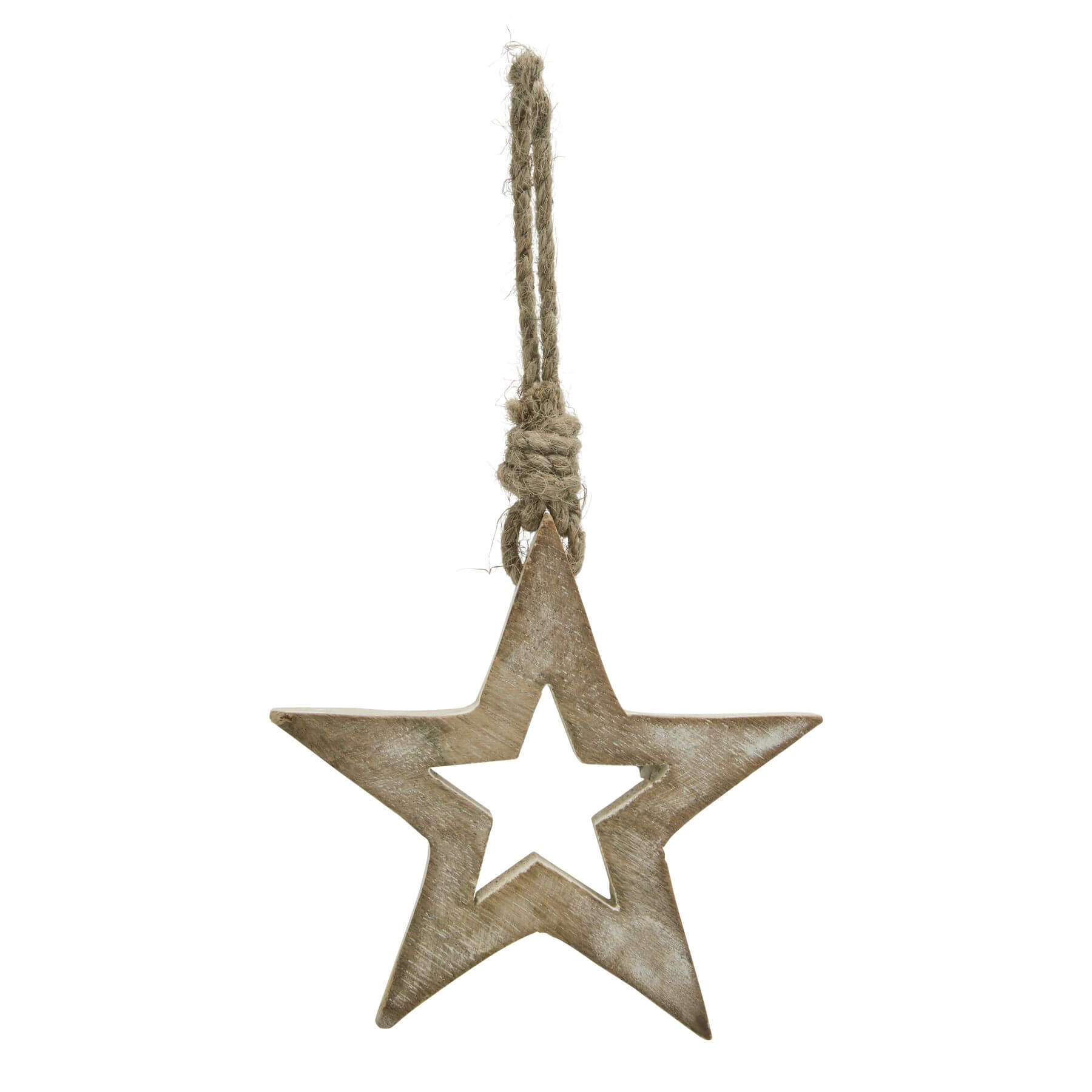 Handcrafted whitewashed wooden hanging star decor, rustic farmhouse style with weathered brown and white accents, 10cm. by RoomLondon at brixbailey.com