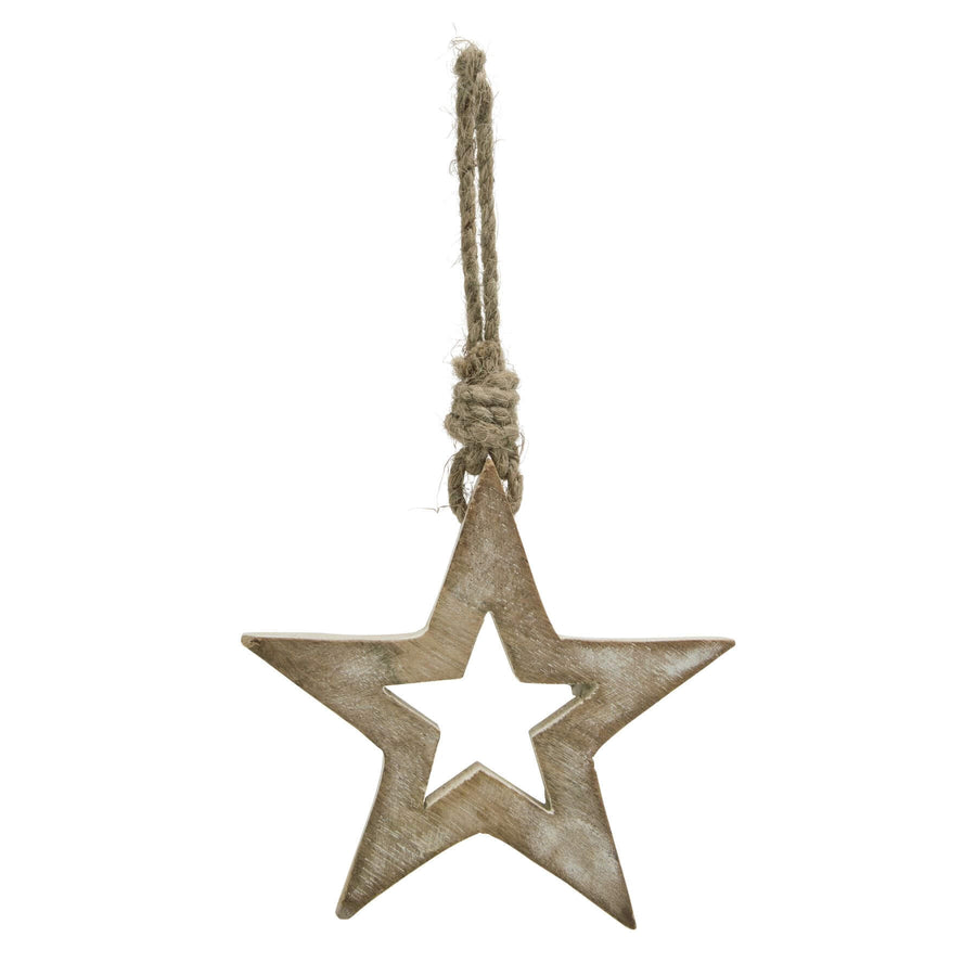 Handcrafted whitewashed wooden hanging star decor, rustic farmhouse style with weathered brown and white accents, 10cm. by Sostter at brixbailey.com