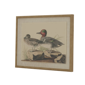 Handcrafted teal waterfowl artwork on linen canvas with beaded frame, showcasing feather and water textures in neutral tones by Sostter at brixbailey.com