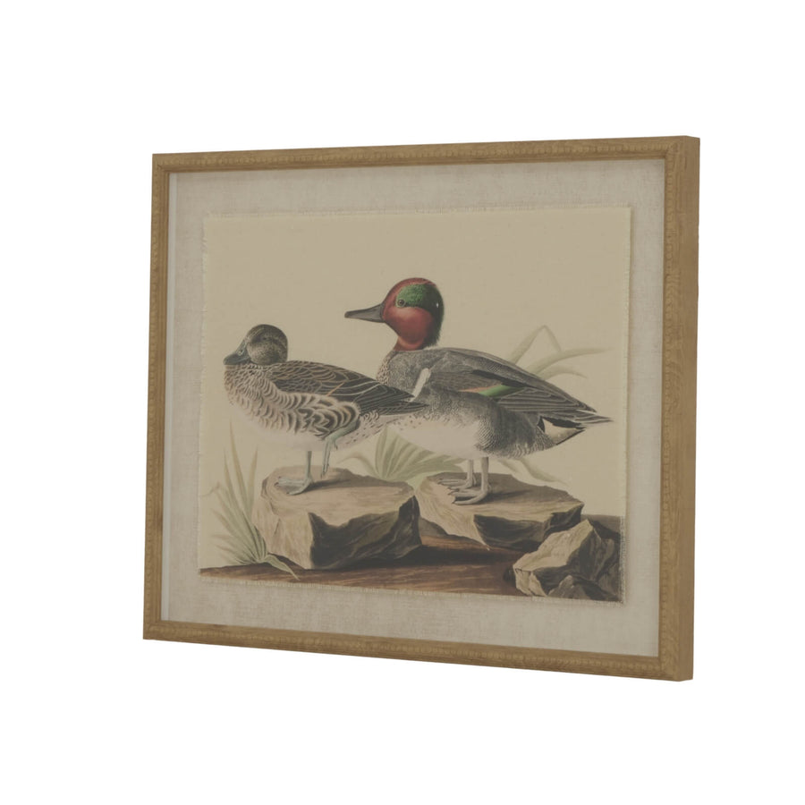 Handcrafted teal waterfowl artwork on linen canvas with beaded frame, showcasing feather and water textures in neutral tones by Sostter at brixbailey.com
