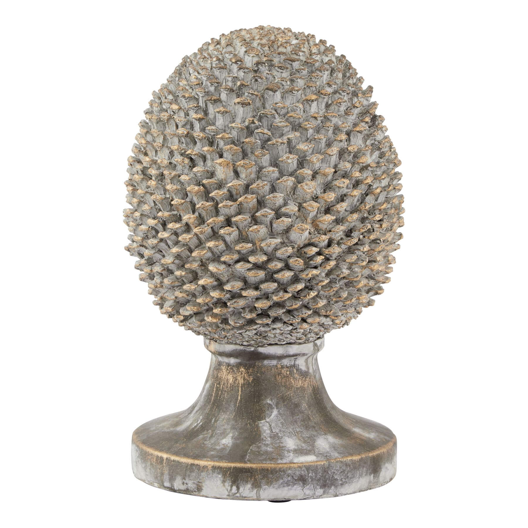 Handcrafted grey ceramic pinecone ornament with gold accents, 35cm tall, for modern or traditional home decor. by Sostter at brixbailey.com
