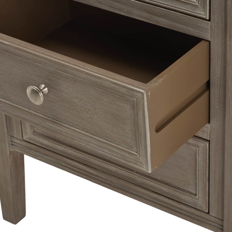 Distressed grey three-drawer bedside table with solid wood construction and smooth-gliding drawers by Sostter at brixbailey.com
