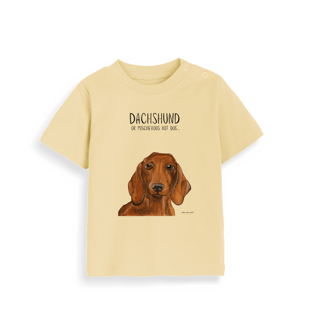 Mischievous Hot Dog Baby Tee – Small But Mighty! Red Dachshund