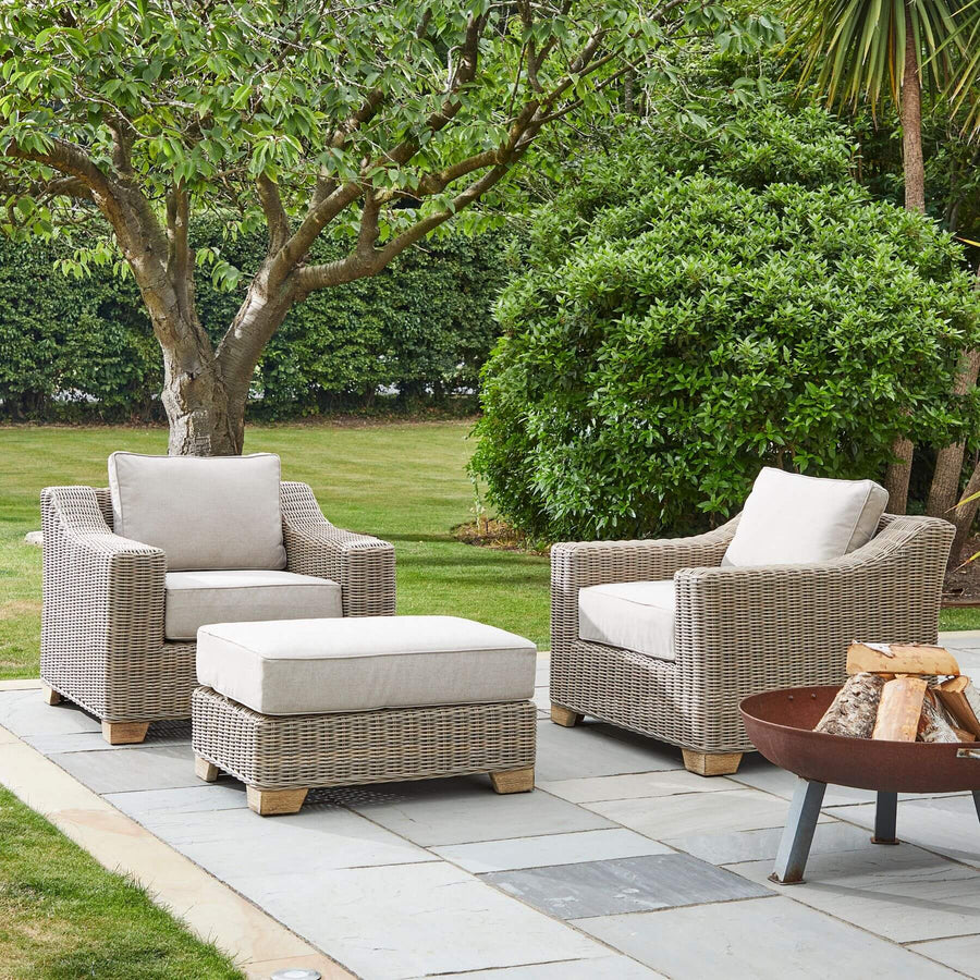 Beige HDPE wicker footstool with Olefin cushion, aluminum frame, and acacia wood feet for outdoor patio or garden. by Sostter at brixbailey.com