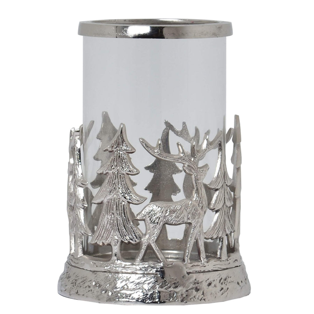 Silver stag hurricane lantern with frosted glass, intricate woodland metalwork in elegant silver finish by Sostter at brixbailey.com