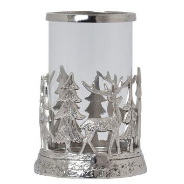 Silver stag hurricane lantern with frosted glass, intricate woodland metalwork in elegant silver finish by Sostter at brixbailey.com